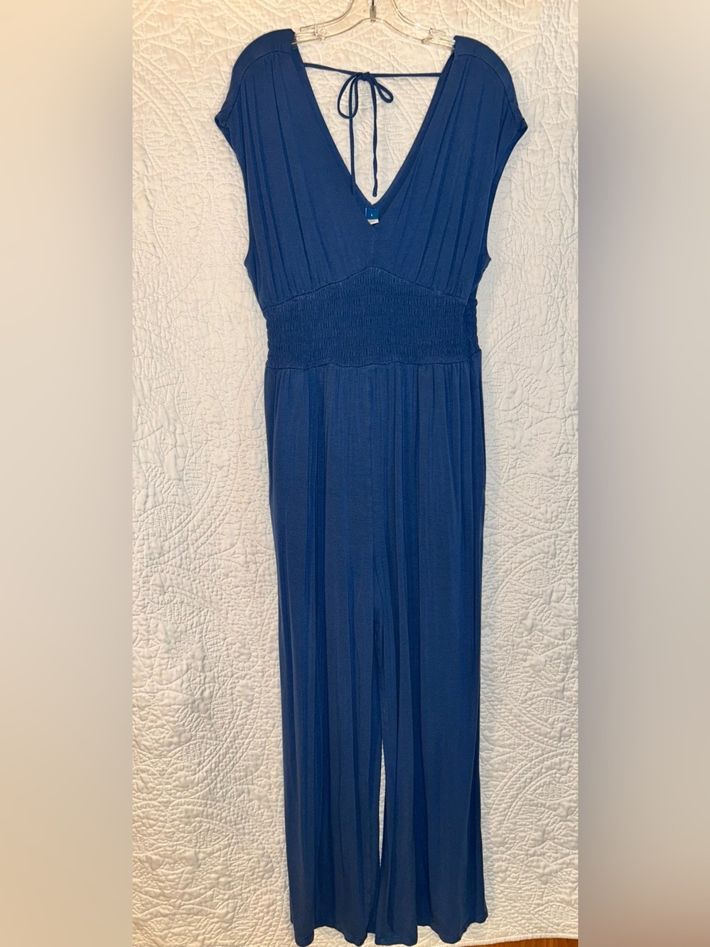 Old Navy Navy Blue Smocked-Waist Jumpsuit with V-Neck Tie Back